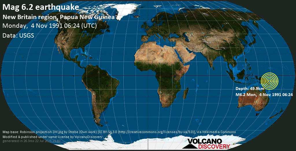 Strong mag. 6.2 earthquake - New Britain Region, Papua New Guinea on Monday, 4 November 1991