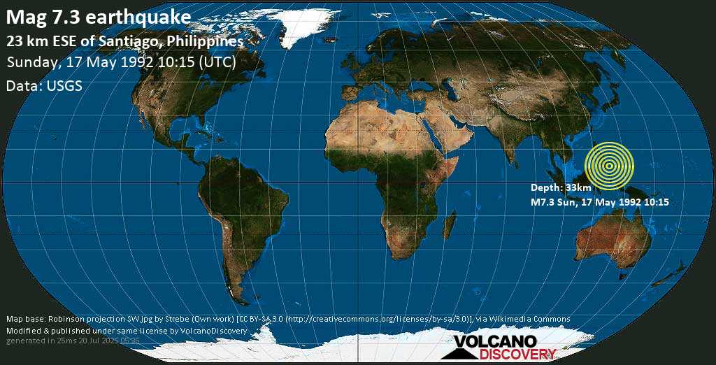 Major magnitude 7.3 earthquake - Philippines Sea, 66 km northeast of Mati, Philippines, on Sunday, 17 May 1992 at 10:15 (GMT)