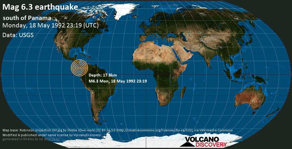 Very strong mag. 6.3 earthquake - North Pacific Ocean, 110 km south of David, Provincia de Chiriqui, Panama, on Monday, May 18, 1992 at 23:19 (GMT)
