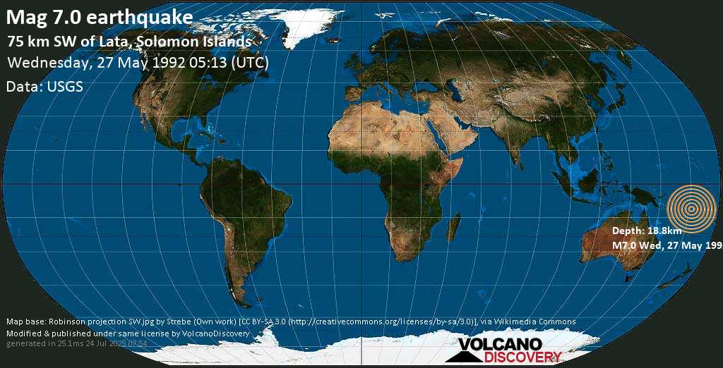 Major mag. 7.0 earthquake - Santa Cruz Islands (Solomon Islands) on Wednesday, 27 May 1992