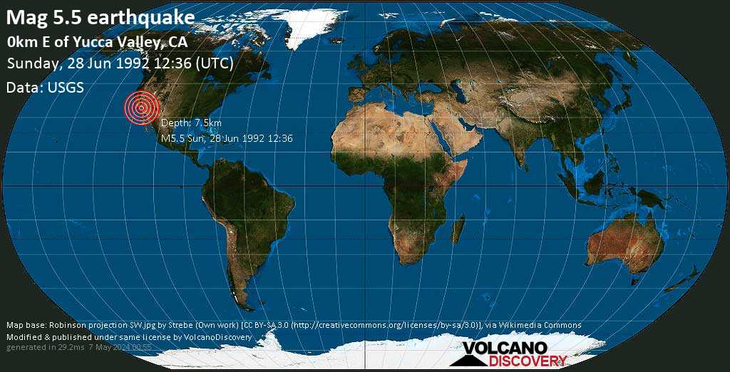 Strong mag. 5.5 earthquake - 0.3 mi east of Yucca Valley, San Bernardino County, California, USA, on Sunday, June 28, 1992 at 12:36 GMT