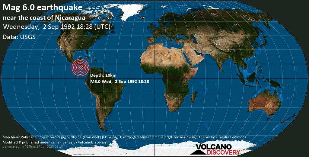 Strong mag. 6.0 earthquake - Near the Coast of Nicaragua on Wednesday, 2 September 1992 at 18:28 (GMT)