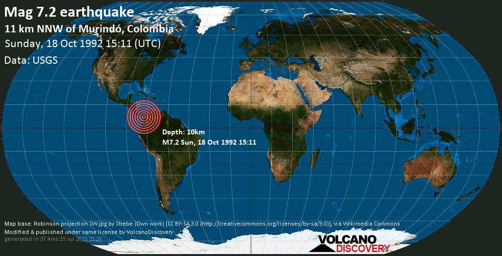 Major mag. 7.2 earthquake - Northern Colombia on Sunday, 18 October 1992