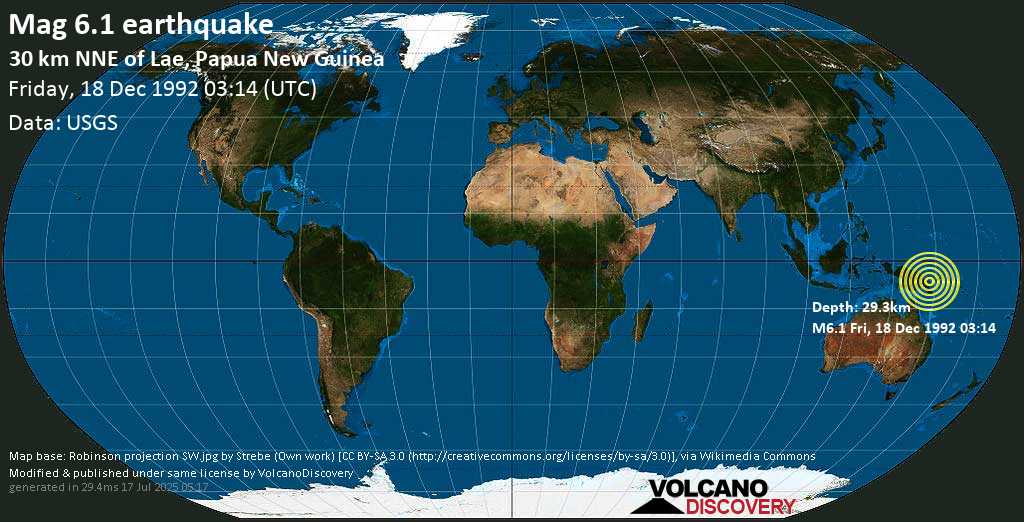 Strong mag. 6.1 earthquake - Eastern New Guinea Region, Papua New Guinea on Friday, 18 December 1992