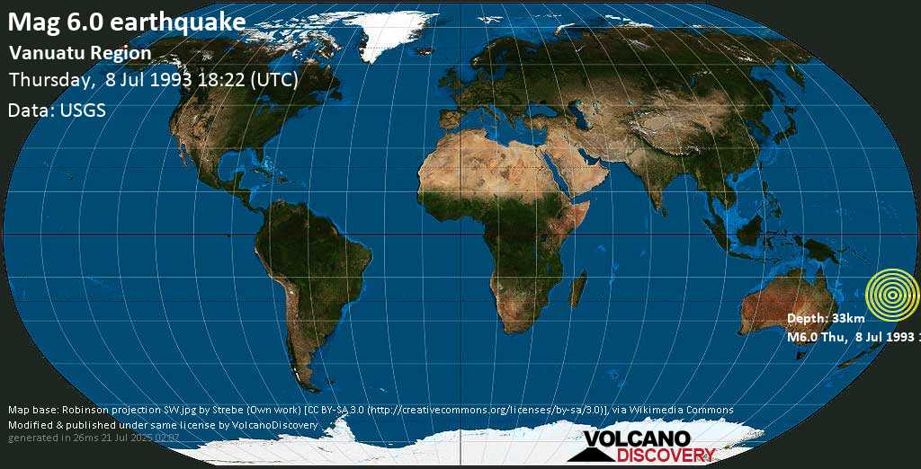 Strong mag. 6.0 earthquake - Vanuatu Region (New Caledonia) on Thursday, 8 July 1993