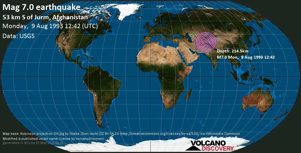 Major magnitude 7.0 earthquake - Yamgān, 86 km south of Faizabad, Faīẕābād, Badakhshan, Afghanistan, on Monday, August 9, 1993 at 12:42 GMT
