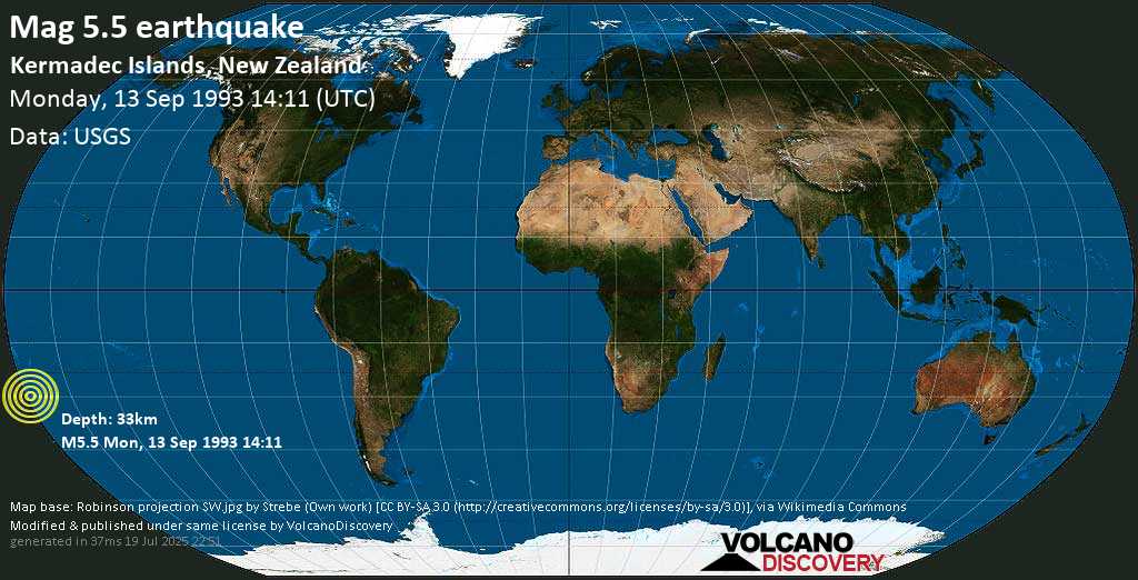 Moderate mag. 5.5 earthquake - Kermadec Islands, New Zealand, on Monday, 13 September 1993 at 14:11 (GMT)