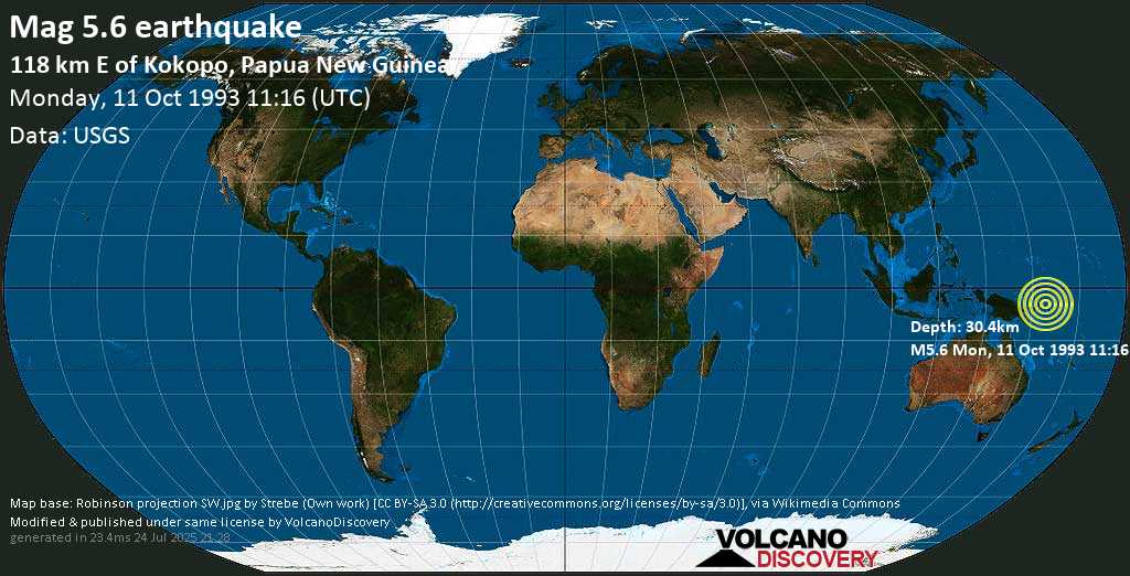 Strong mag. 5.6 earthquake - South Pacific Ocean, 118 km east of Kokopo, Papua New Guinea, on Monday, 11 October 1993 at 11:16 (GMT)