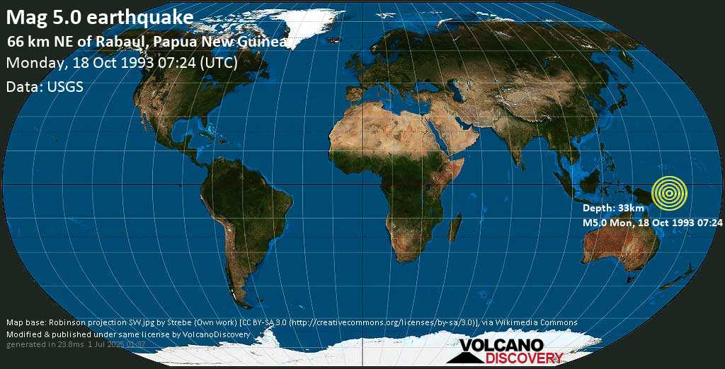 Moderate mag. 5.0 earthquake - South Pacific Ocean, 71 km northeast of Kokopo, Papua New Guinea, on Monday, 18 October 1993 at 07:24 (GMT)