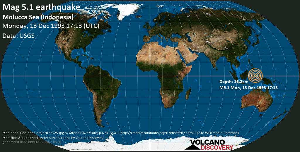 Moderate mag. 5.1 earthquake - Molucca Sea (Indonesia) on Monday, 13 December 1993 at 17:13 (GMT)
