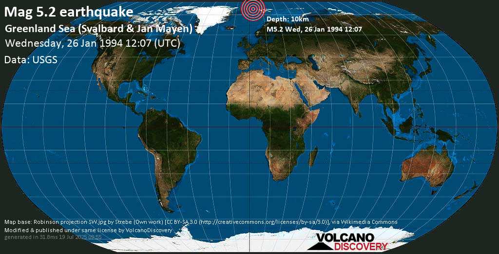 Strong mag. 5.2 earthquake - 287 km northwest of Longyearbyen, Spitsbergen, Svalbard, on Wednesday, January 26, 1994 at 12:07 (GMT)