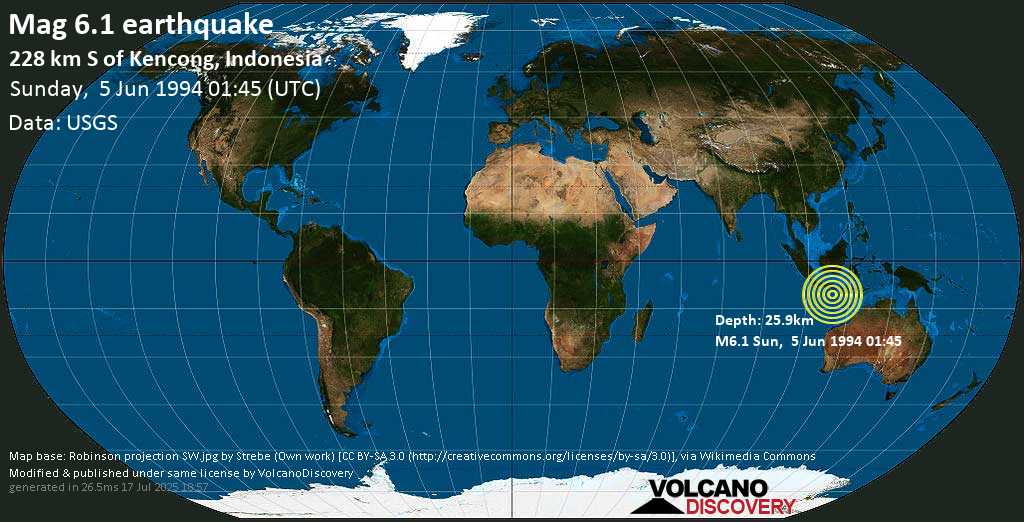Strong mag. 6.1 earthquake - South of Java, Indonesia, on Sunday, 5 June 1994 at 01:45 (GMT)