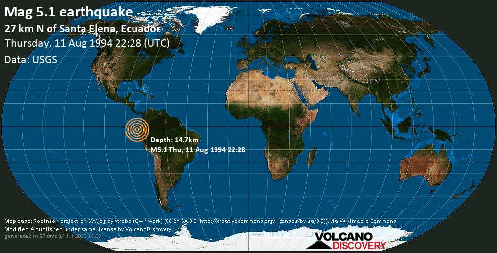 Strong mag. 5.1 earthquake - South Pacific Ocean, 29 km north of La Libertad, Provincia del Guayas, Ecuador, on Thursday, 11 August 1994 at 22:28 (GMT)