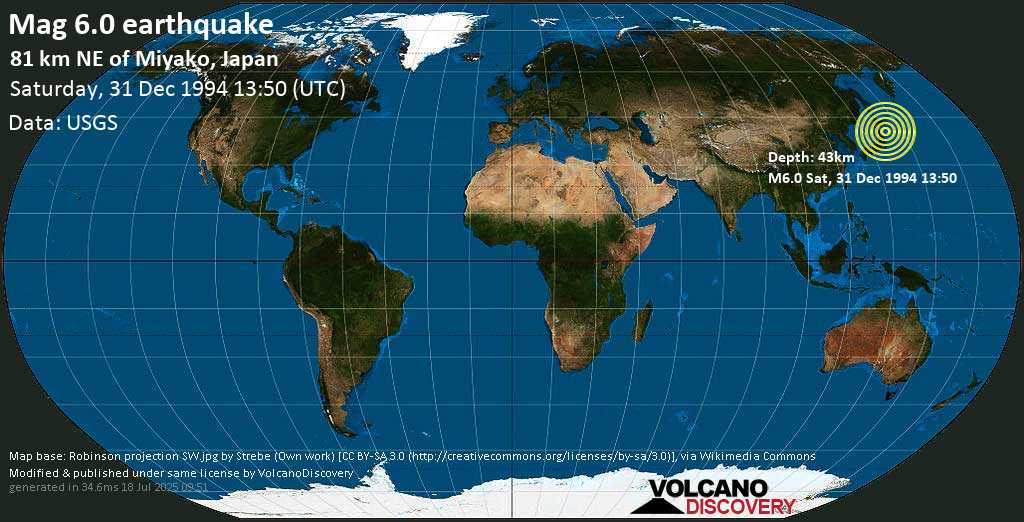 Strong mag. 6.0 earthquake - Near the East Coast of Honshu, Japan, on Saturday, 31 December 1994 at 13:50 (GMT)