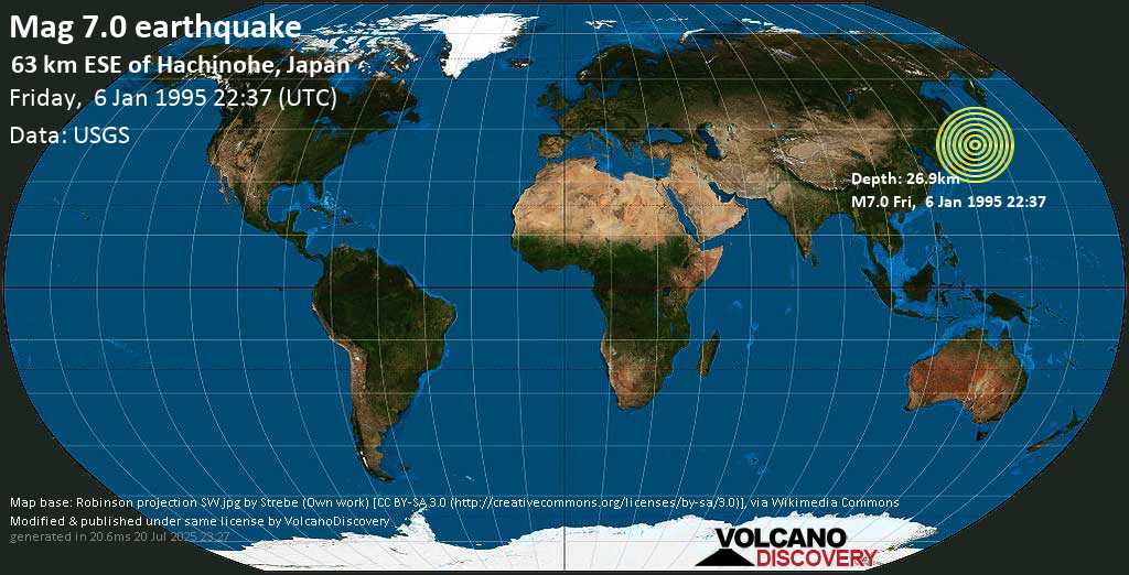 Major mag. 7.0 earthquake - Near the East Coast of Honshu, Japan, on Friday, 6 January 1995 at 22:37 (GMT)