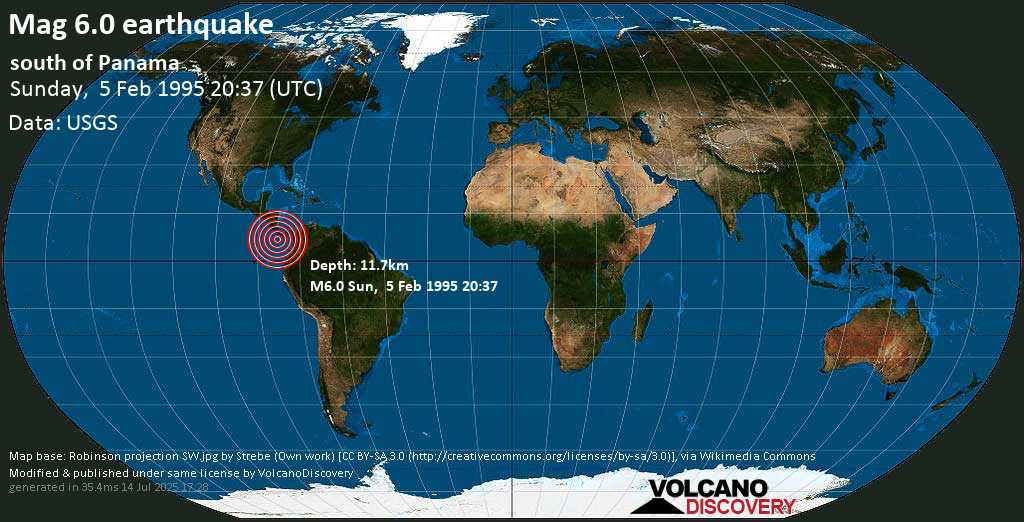 Strong mag. 6.0 earthquake - South of Panama on Sunday, 5 February 1995