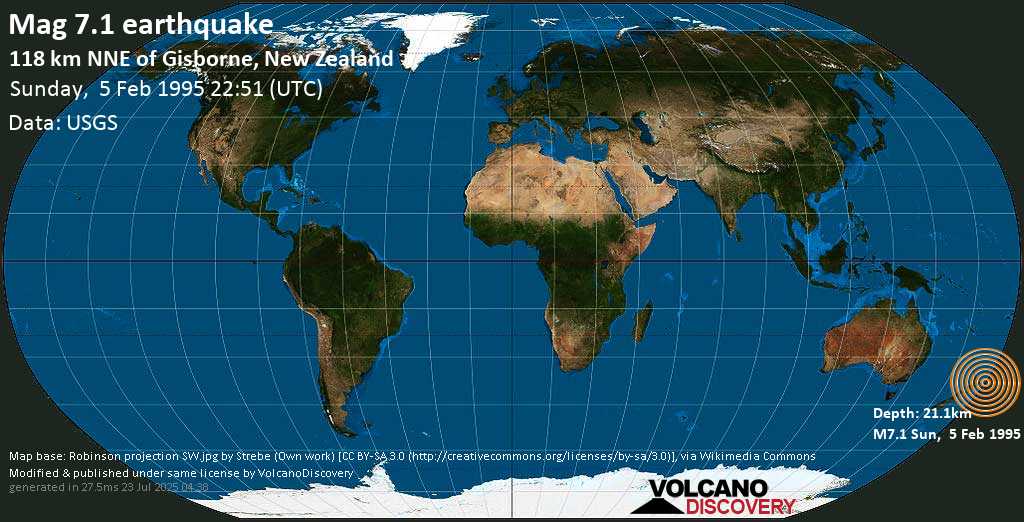 Major mag. 7.1 earthquake - Off the East Coast of the North Island of New Zealand on Sunday, 5 February 1995
