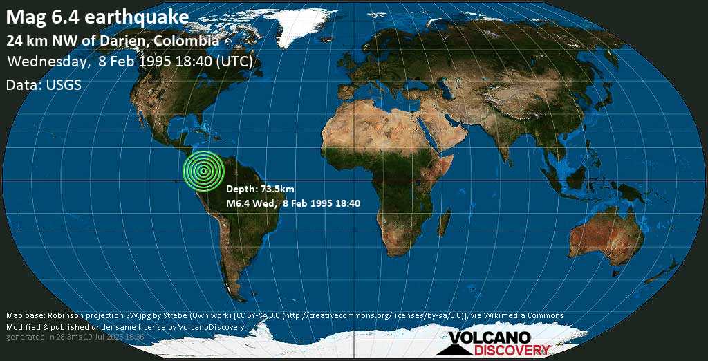 Strong mag. 6.4 earthquake - Colombia on Wednesday, 8 February 1995 at 18:40 (GMT)