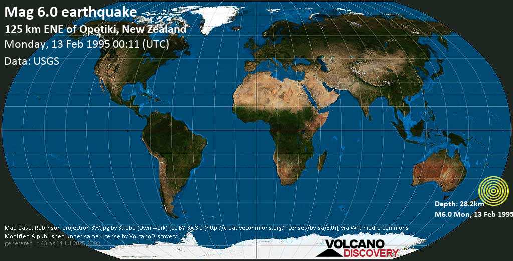 Strong mag. 6.0 earthquake - South Pacific Ocean, 9.1 km northeast of East Island, Gisborne, New Zealand, on Monday, February 13, 1995 at 00:11 (GMT)