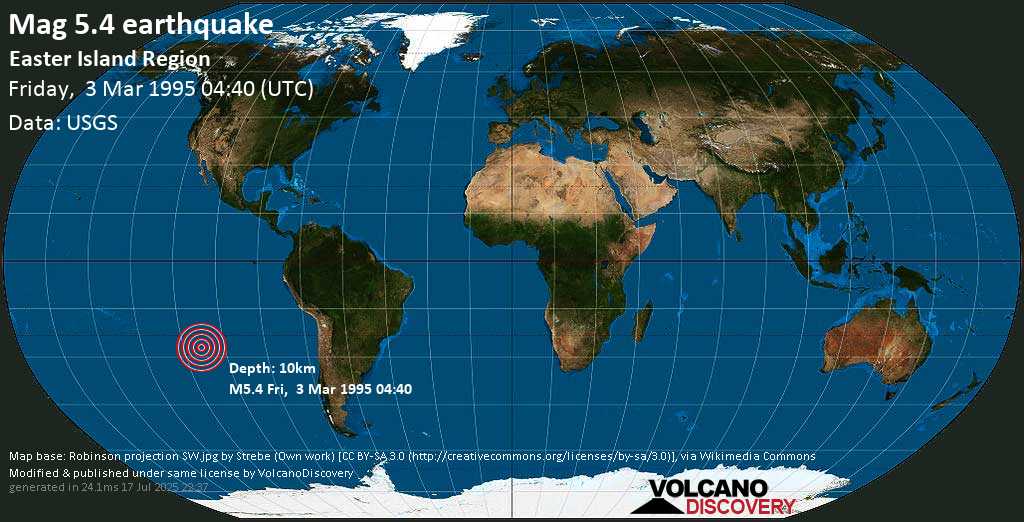 Moderate mag. 5.4 earthquake - Easter Island Region (Chile) on Friday, 3 March 1995 at 04:40 (GMT)