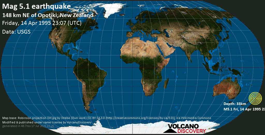 Moderate mag. 5.1 earthquake - Off the East Coast of the North Island of New Zealand on Friday, 14 April 1995 at 23:07 (GMT)