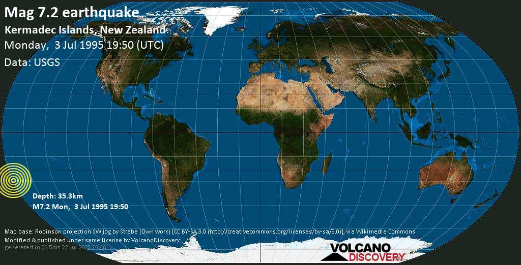 Major mag. 7.2 earthquake - Kermadec Islands, New Zealand, on Monday, 3 July 1995 at 19:50 (GMT)