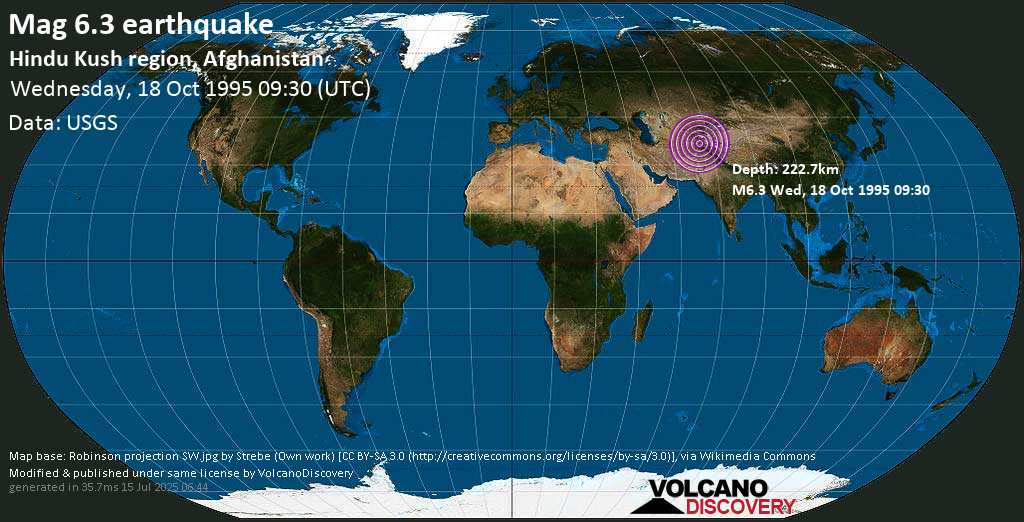 Strong mag. 6.3 earthquake - Tagāb, Badakhshan, 83 km southeast of Taloqan, Tāluqān, Takhar, Afghanistan, on Wednesday, October 18, 1995 at 09:30 GMT