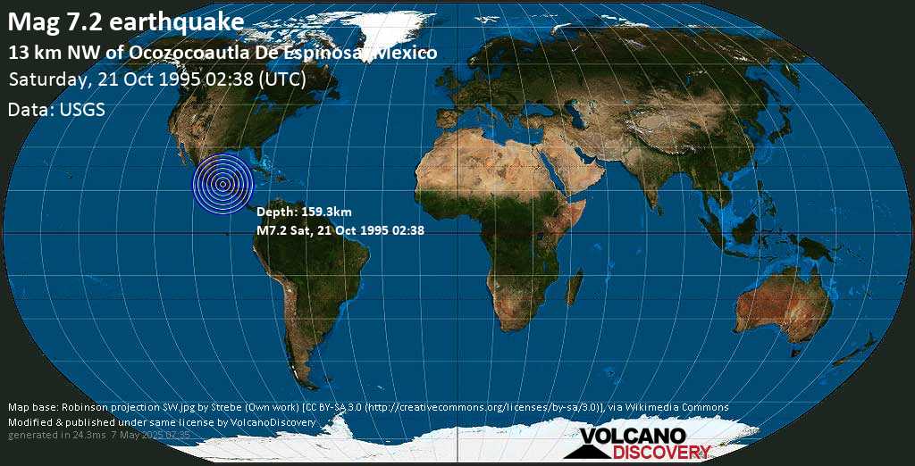 Major magnitude 7.2 earthquake - 13 km northwest of Ocozocoautla de Espinosa, Chiapas, Mexico, on Saturday, October 21, 1995 at 02:38 GMT