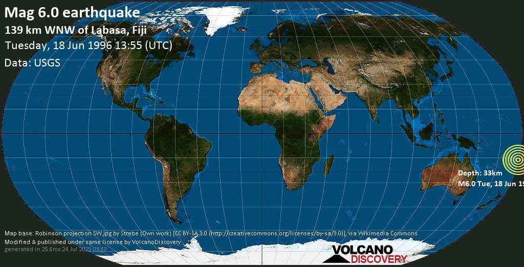 Strong mag. 6.0 earthquake - Fiji on Tuesday, 18 June 1996