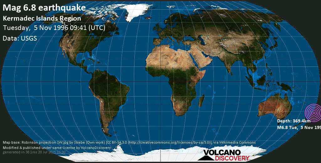 Strong mag. 6.8 earthquake - South Pacific Ocean on Tuesday, November 5, 1996 at 09:41 (GMT)