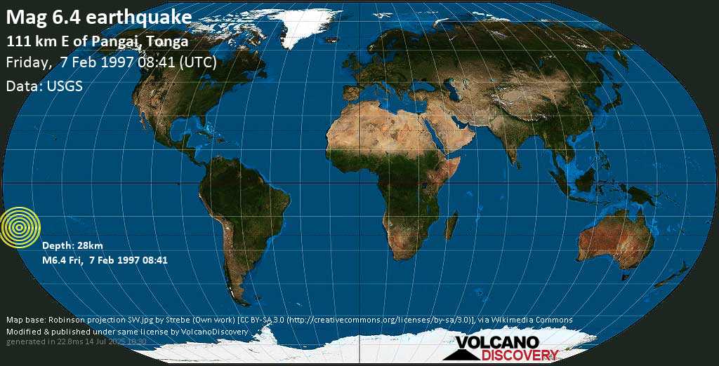 Strong mag. 6.4 earthquake - Tonga on Friday, 7 February 1997 at 08:41 (GMT)