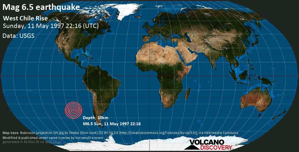 Strong mag. 6.5 earthquake - West Chile Rise on Sunday, 11 May 1997