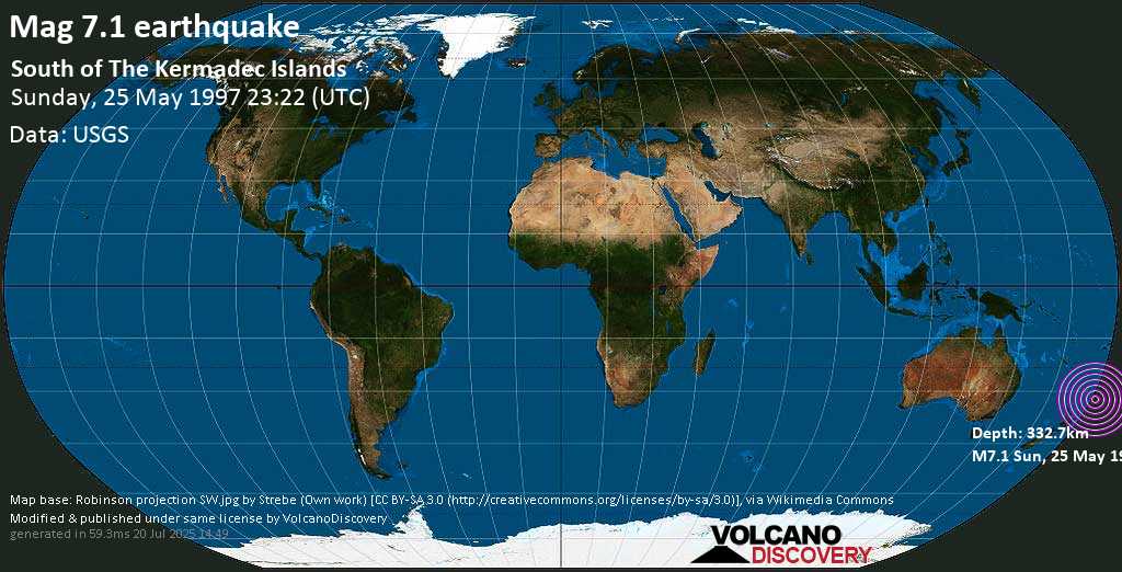 Major mag. 7.1 earthquake - South of the Kermadec Islands on Sunday, 25 May 1997 at 23:22 (GMT)