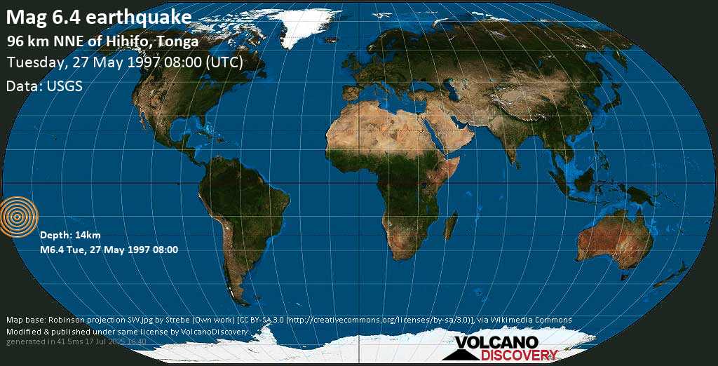 Strong mag. 6.4 earthquake - Tonga (Samoa) on Tuesday, 27 May 1997 at 08:00 (GMT)
