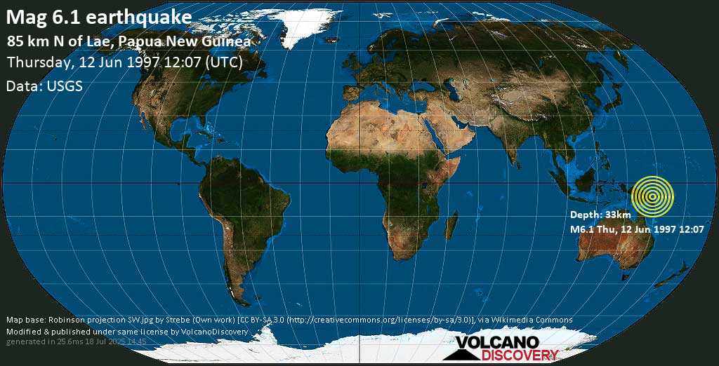 Strong mag. 6.1 earthquake - Eastern New Guinea Region, Papua New Guinea on Thursday, 12 June 1997