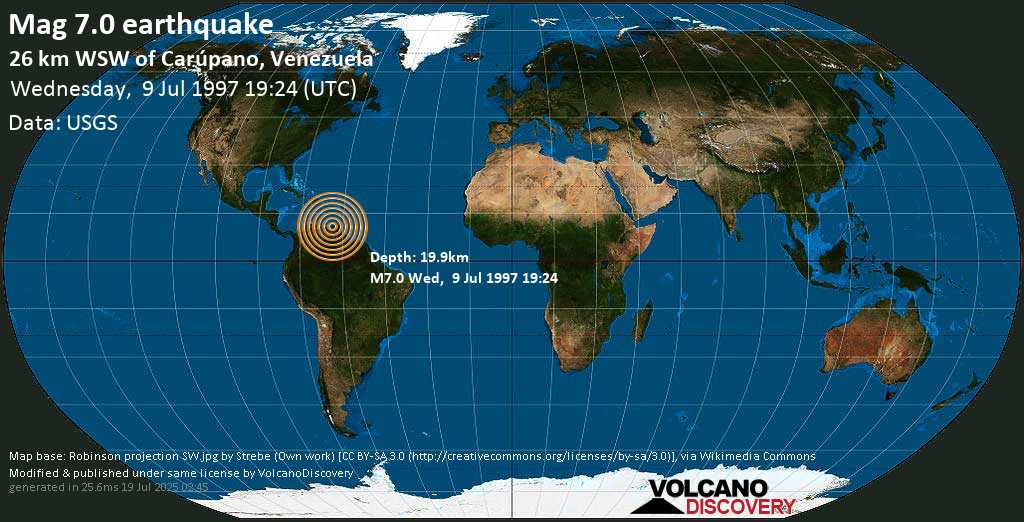Major mag. 7.0 earthquake - Sucre, Venezuela, on Wednesday, 9 July 1997 at 19:24 (GMT)