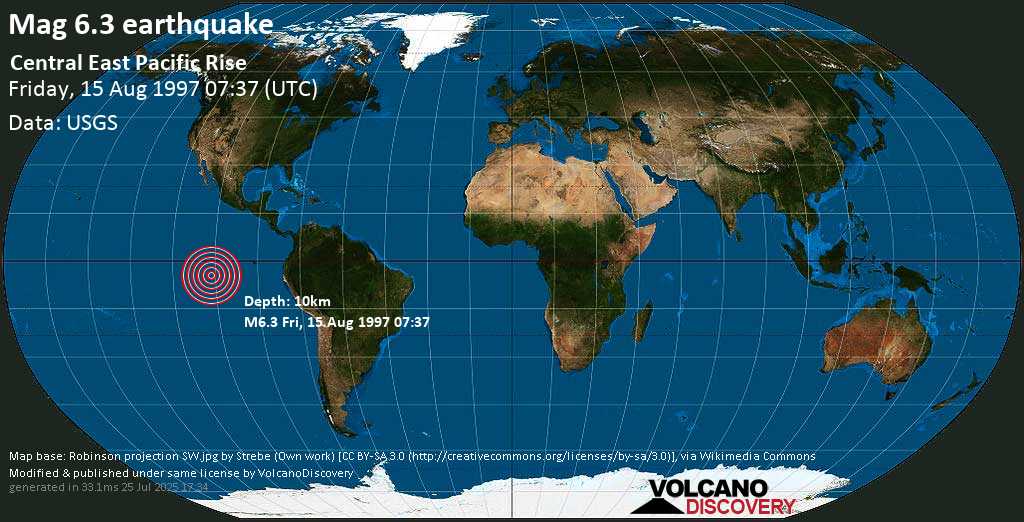 Strong mag. 6.3 earthquake - Central East Pacific Rise on Friday, 15 August 1997 at 07:37 (GMT)