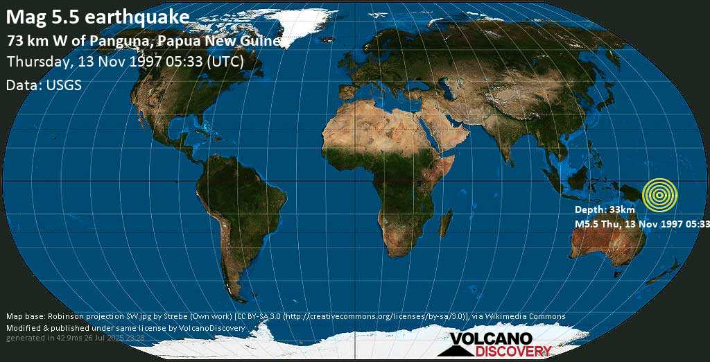 Moderate mag. 5.5 earthquake - Bougainville Region, Papua New Guinea on Thursday, 13 November 1997