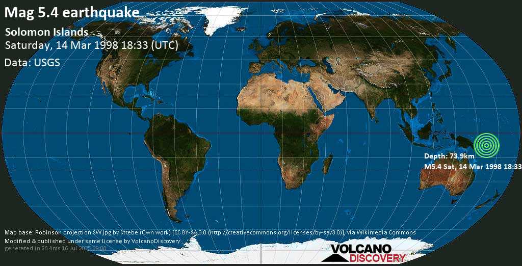 Moderate mag. 5.4 earthquake - Solomon Islands on Saturday, 14 March 1998