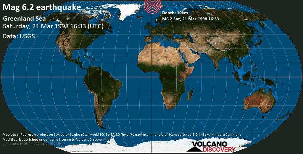 Very strong mag. 6.2 earthquake - Svalbard & Jan Mayen on Saturday, March 21, 1998 at 16:33 (GMT)