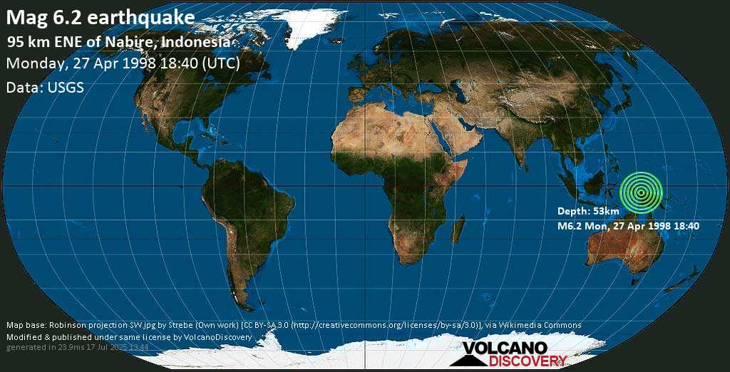 Strong mag. 6.2 earthquake - 96 km northeast of Nabire, Papua, Indonesia, on Monday, 27 April 1998 at 18:40 (GMT)