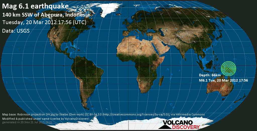 Strong mag. 6.1 earthquake - 141 km south of Abepura, Papua, Indonesia, on Tuesday, 20 March 2012 at 17:56 (GMT)
