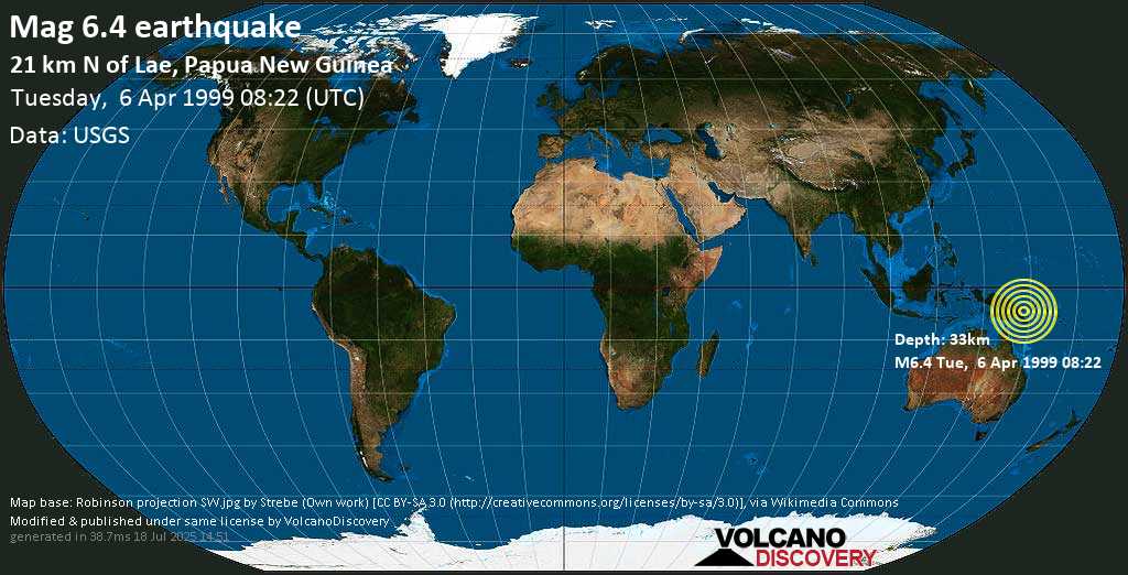Strong mag. 6.4 earthquake - Eastern New Guinea Region, Papua New Guinea on Tuesday, 6 April 1999