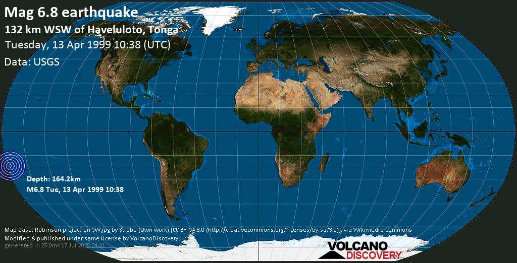 Strong mag. 6.8 earthquake - South Pacific Ocean, 134 km west of Nuku\'alofa, Tongatapu, on Tuesday, 13 April 1999 at 10:38 (GMT)