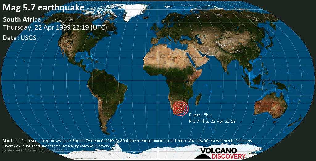 Strong mag. 5.7 earthquake - 10.2 km west of Welkom, South Africa, on Thursday, April 22, 1999 at 22:19 GMT