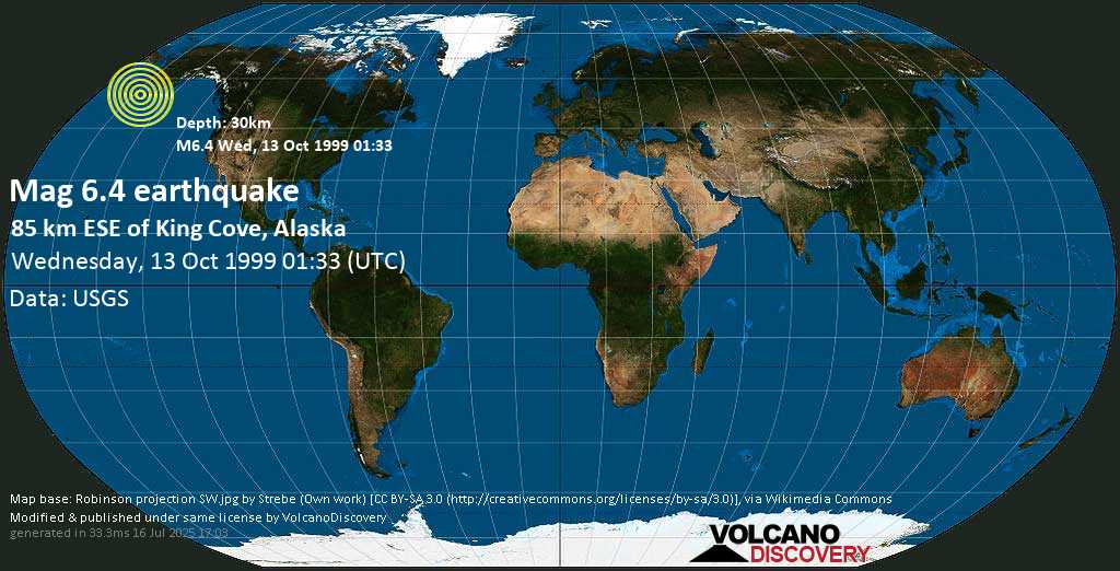 Terremoto molto forte magnitudine 6.4 - Gulf of Alaska, 61 km a sud da Wosnesenski , Borough delle Aleutine orientali County, Alaska, Stati Uniti, mercoledì, 13 ottobre 1999