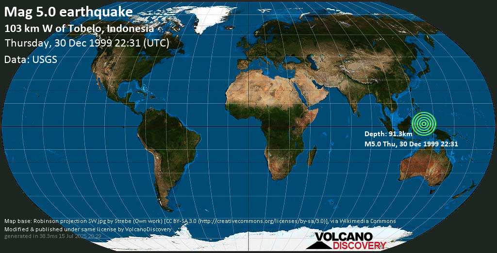 Moderate mag. 5.0 earthquake - Halmahera, Indonesia, on Thursday, 30 December 1999 at 22:31 (GMT)