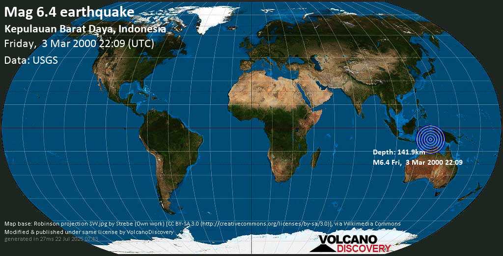 Strong mag. 6.4 earthquake - Kepulauan Barat Daya, Indonesia on Friday, 3 March 2000