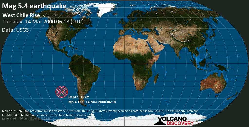 Moderado terremoto magnitud 5.4 - West Chile Rise, martes, 14 mar. 2000