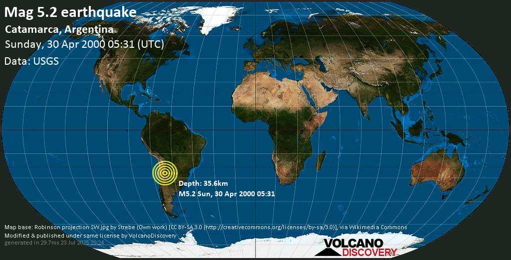 Moderate mag. 5.2 earthquake - Departamento de Santa Maria, Catamarca, 75 km west of Yerba Buena, Tucuman, Argentina, on Sunday, 30 April 2000 at 05:31 (GMT)